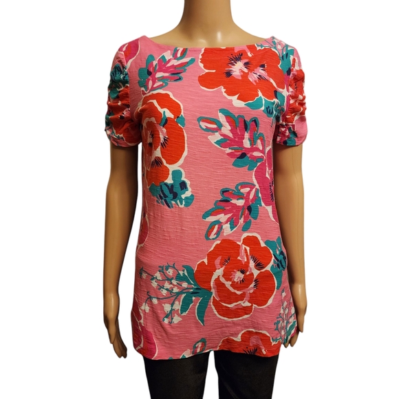 Lilly Pulitzer Pink Floral Ruched Puff Sleeve Slim Fit T-Shirt Size L - Picture 2 of 11